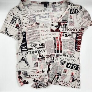 Love Streak Y2K Women's‎ Newspaper Print Tie Front Short Sleeve T-Shirt
